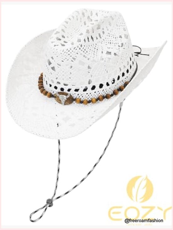 Straw Cowgirl Hat Woven Hollow Out Wide Brim Sun Hat with Chin Strap main image 4